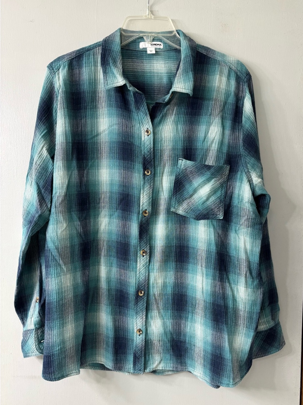 Sonoma Women’s Green and Navy Plaid Button-Down Shirt